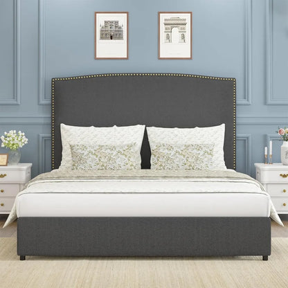 Full Size Upholstered Platform Bed Frame with 56" Headboard, Soft Boucle Fabric, Mid-Century Modern Design, No Box Spring Requir