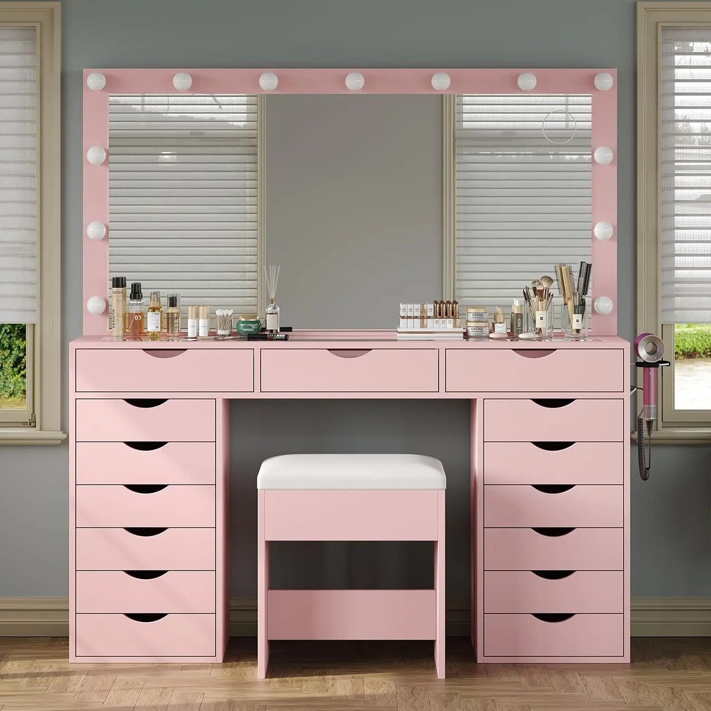 Vanity Desk with Mirror and Lights, Makeup Table with Charging Station, 3 Color Lighting Modes, 15 Drawers Dressing Table