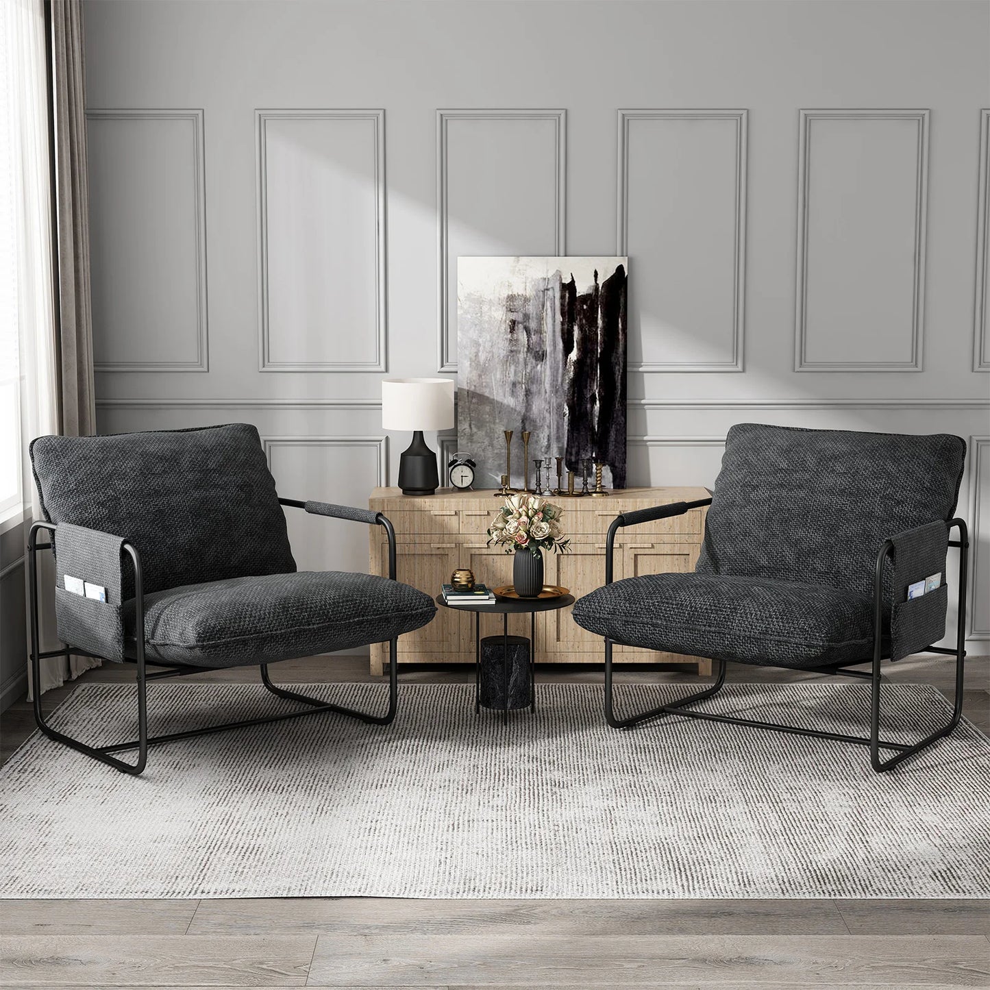 Sling Accent Chair Set of 2, Metal Framed Armchair with Removable Storage Bag, Upholstered Living Room Chairs