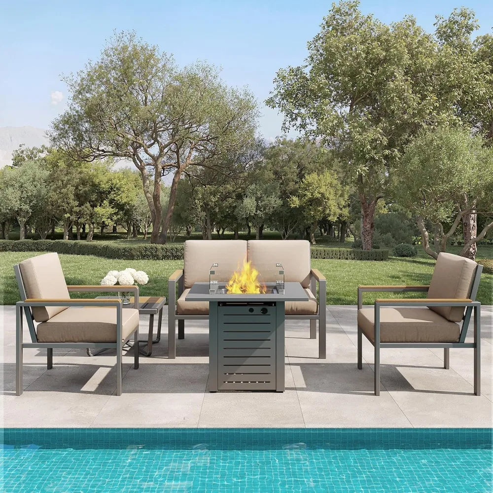 4-Piece Outdoor Patio Furniture Set, Metal Conversation Set with Cushions & Wood-Like Armrests, Modern Patio Sectional