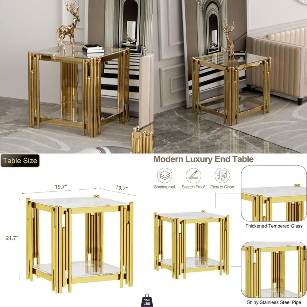 Modern Stainless Steel Leg Square Clear Tempered Glass End Table for Living Room and Sofa Side