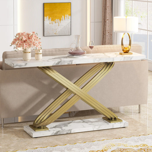 55 Inch Modern Console Table, Faux Marble Gold Entryway Table Behind Sofa Couch, Narrow Rectangular Sofa Table