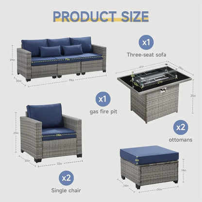 6-Piece Outdoor Patio Set with Fire Pit Table, PE Rattan Furniture & Cover, 60000 BTU Propane Heater (Royal Blue)