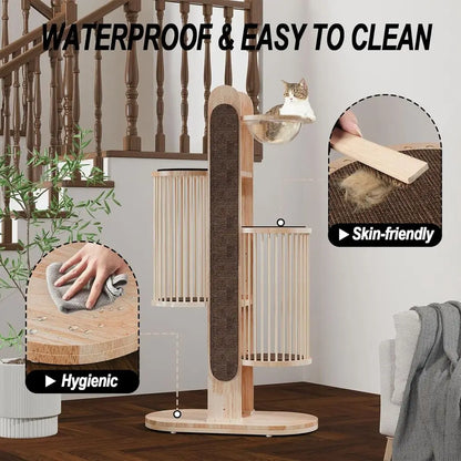 67 High Wooden Cat Tower with 6 Levels, Scratching Posts, Big Bed, Washable Cushions for Large Cats in White and Brown