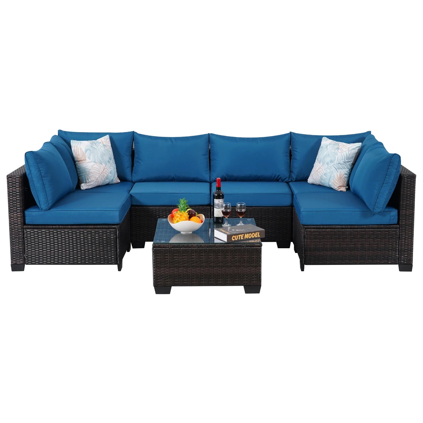 Outdoor Patio Furniture, 7 Piece Outdoor Sectional Sofa PE Rattan Wicker Patio Conversation Sets with Thick Cushions