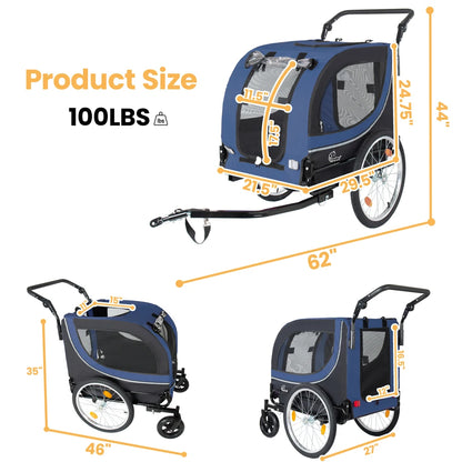 Ye 2-in-1 Bike Trailer & Pet Stroller for Dogs up to 100lbs - Foldable with 2 8" Front Casters, 20" Quick Release Air-Filled Wheels, Breathable Mesh, PVC Rain Cover, Dark Blue