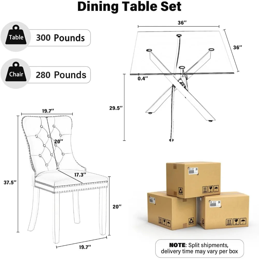5 Piece Silver Luxury Glass Dining Set, Modern Minimalist  Table Set for 4, 36'' Clear Square Glass Top Dining Room Set