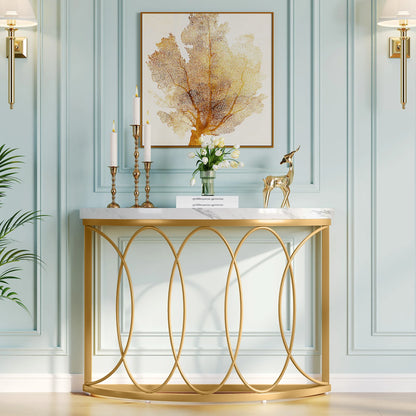 Half Moon Gold Console Table, 43" Modern Entryway Table, Narrow Semi Circle Sofa Table with Geometric Metal Frame