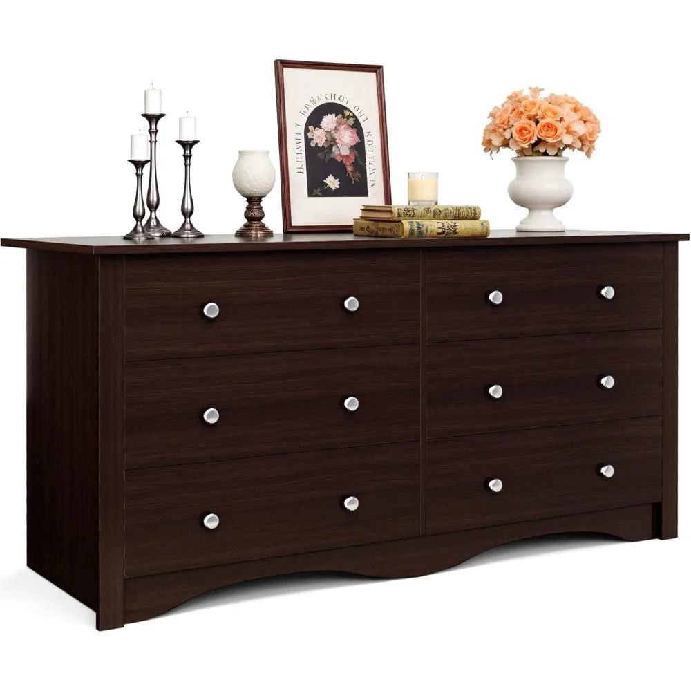 Dresser for Bedroom, 6 Wood Dresser Drawers, Wide Chest of Drawers, Storage Tower Unit Modern Design Bedroom Living Room