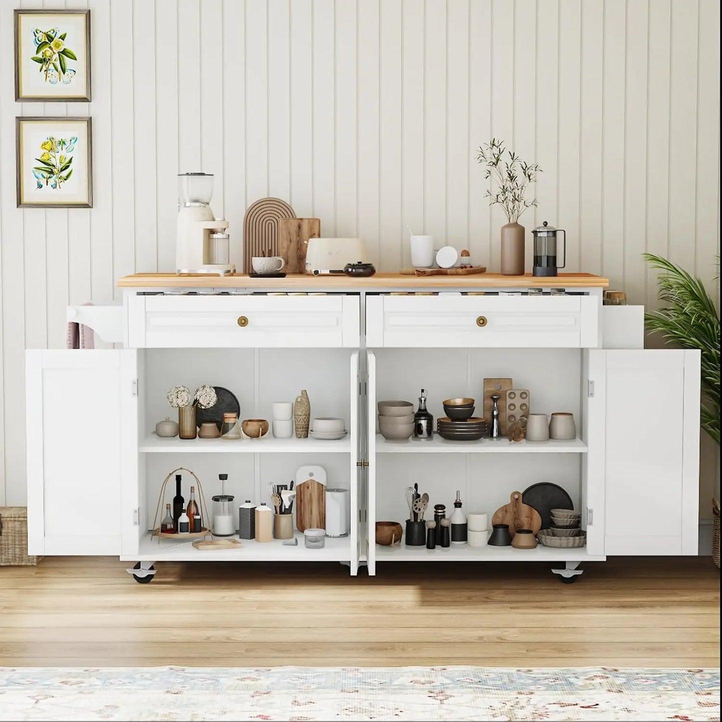 White Kitchen Island Cart with Wood Top Drop Leaf Wheels Drawer Storage Cabinet Spice Rack Towel Rack