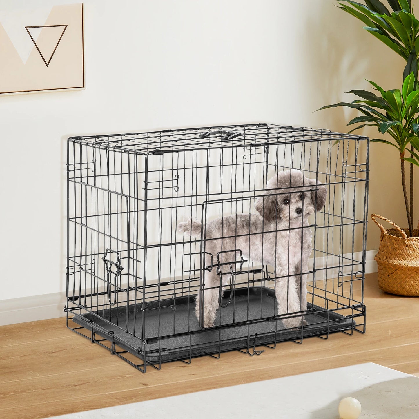 Double Door Folding Metal Wire Dog Cage with Plastic Leak-Proof Pan Tray Extra Large Pet Kennel for Indoor Outdoor Travel