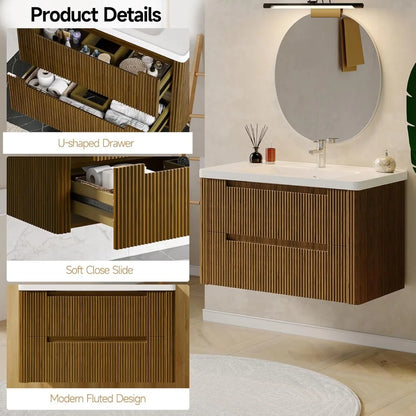 Modern Bathroom Vanity with Sink Combo,Curved Floating Bath Vanity with 2 Soft Close Drawer,Wall Mount Bathroom18.8Dx24Wx20.2"H