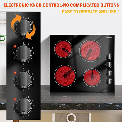 4 Burners Electric Cooktop, 24 Inch Built-in, 220-240v, 6000W, Knob Control, Residual Heat Indicator,Hard Wire(No Plug)