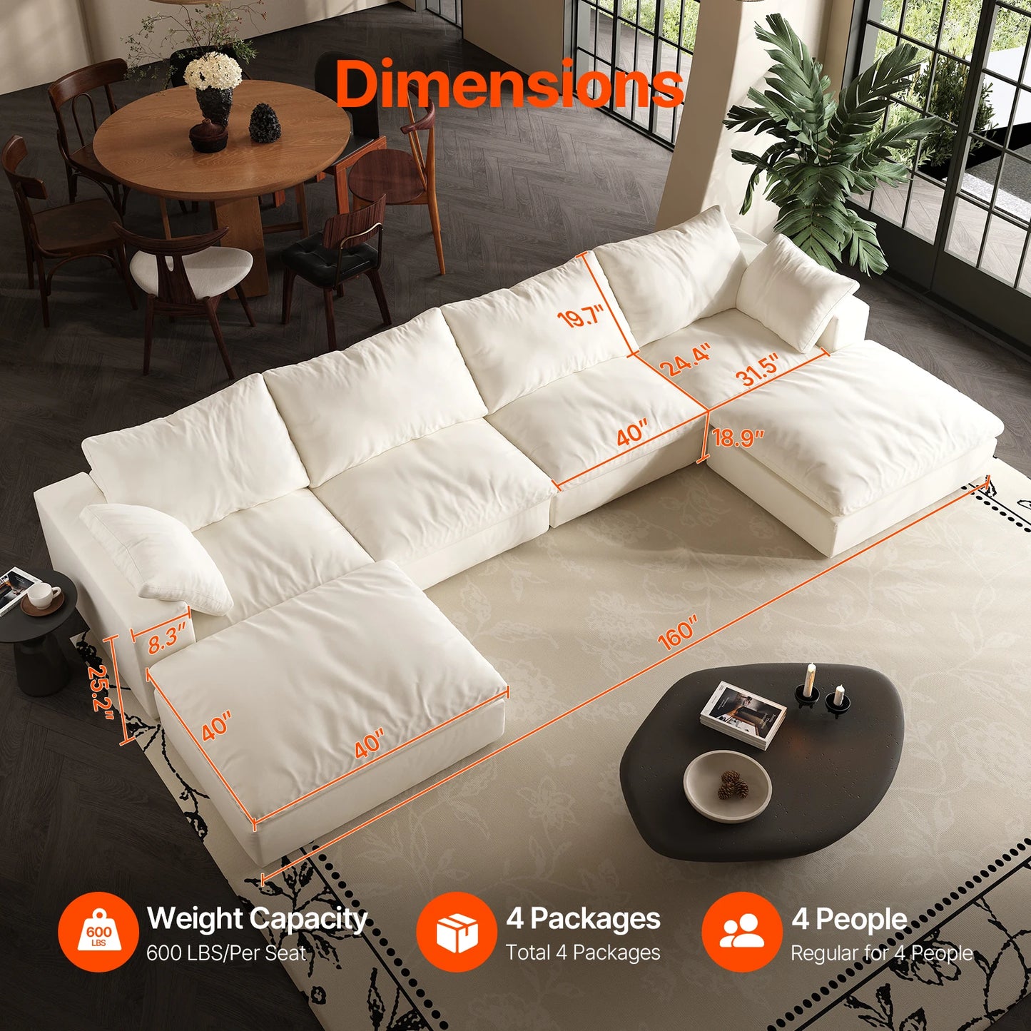 Comfy Cloud Couch 120'' Modern Sectional Sofa for Living Room Down Filled Couch with Ottoman U Shaped 5 Seater Convertible Sofa