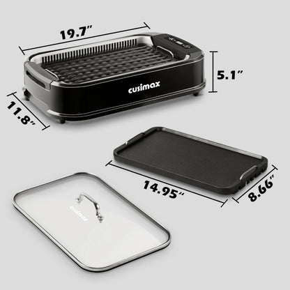 CUSIMAX 1500W Indoor Electric Grill Smokeless Korean BBQ Griddle LED Smart Display Home Cooking Appliance