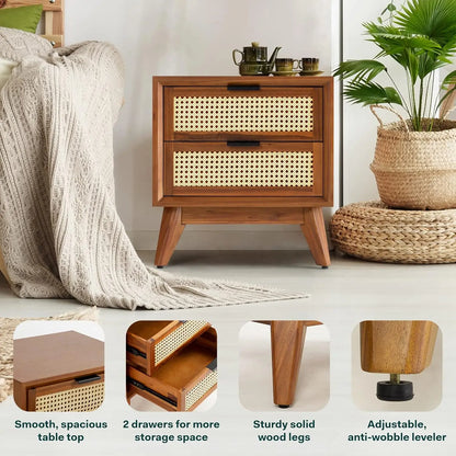 Jasper Fully Assembled Mid Century Solid Wood Rattan Nightstand