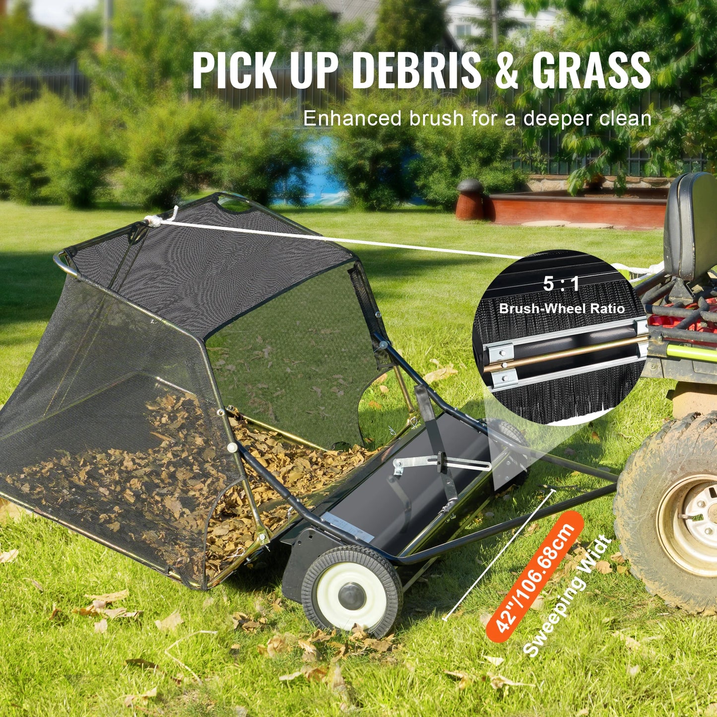 42-inch Lawn Sweeper Tow Behind 12 cu.ft.Heavy Duty Leaf Grass Collector Adjustable Height for Picking Up Debris Grass