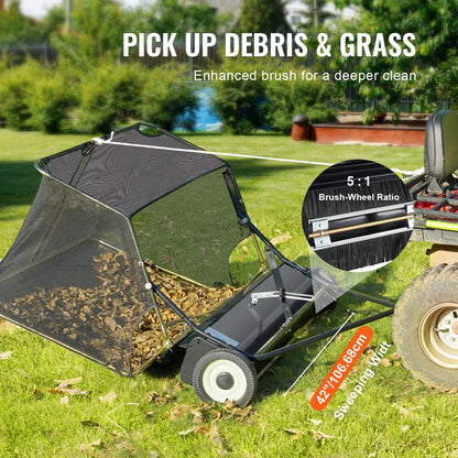 42-inch Lawn Sweeper Tow Behind 12 cu.ft.Heavy Duty Leaf Grass Collector Adjustable Height for Picking Up Debris Grass