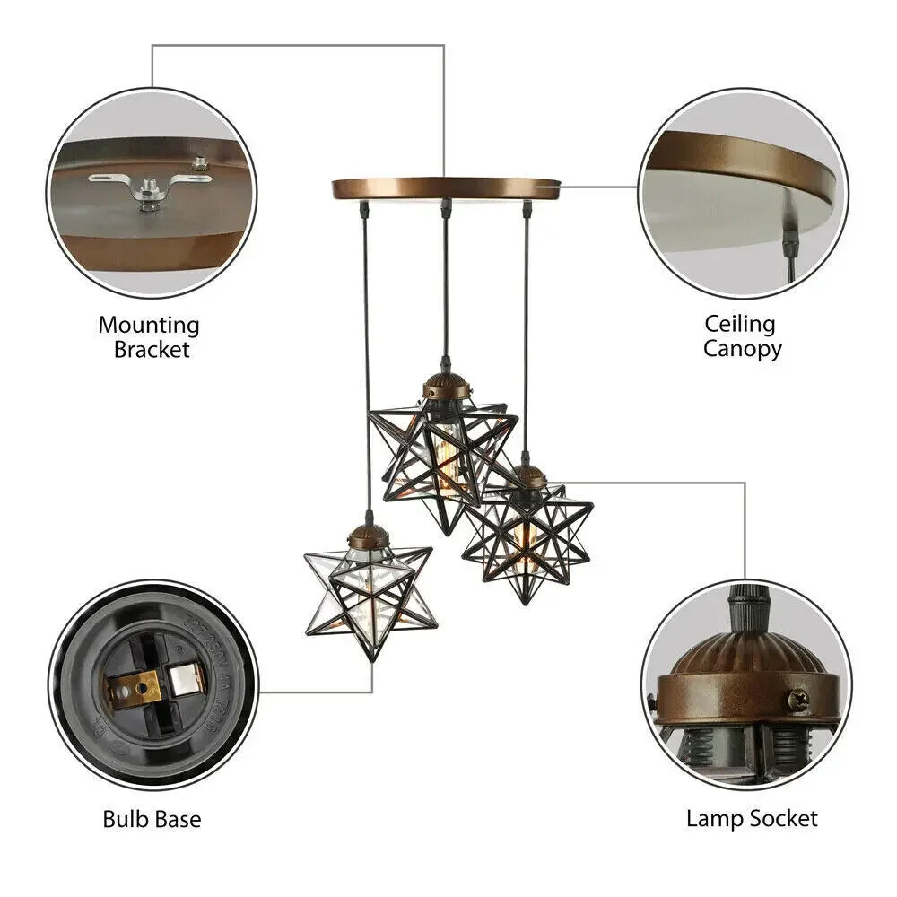3-Light Moravian Star Pendant Chandelier Clear Glass Shade Adjustable Height 80cm Cord for Kitchen Island Living Room