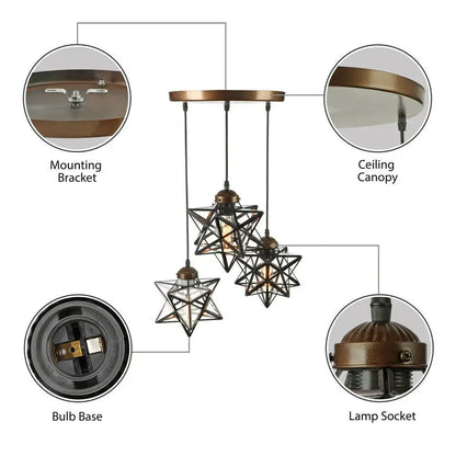 3-Light Moravian Star Pendant Chandelier Clear Glass Shade Adjustable Height 80cm Cord for Kitchen Island Living Room