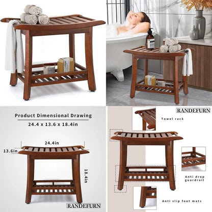 24“ teak shower bench with shelf, teak wood shower stool, waterproof wood shower chair