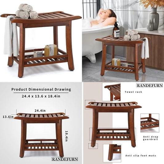 24“ teak shower bench with shelf, teak wood shower stool, waterproof wood shower chair