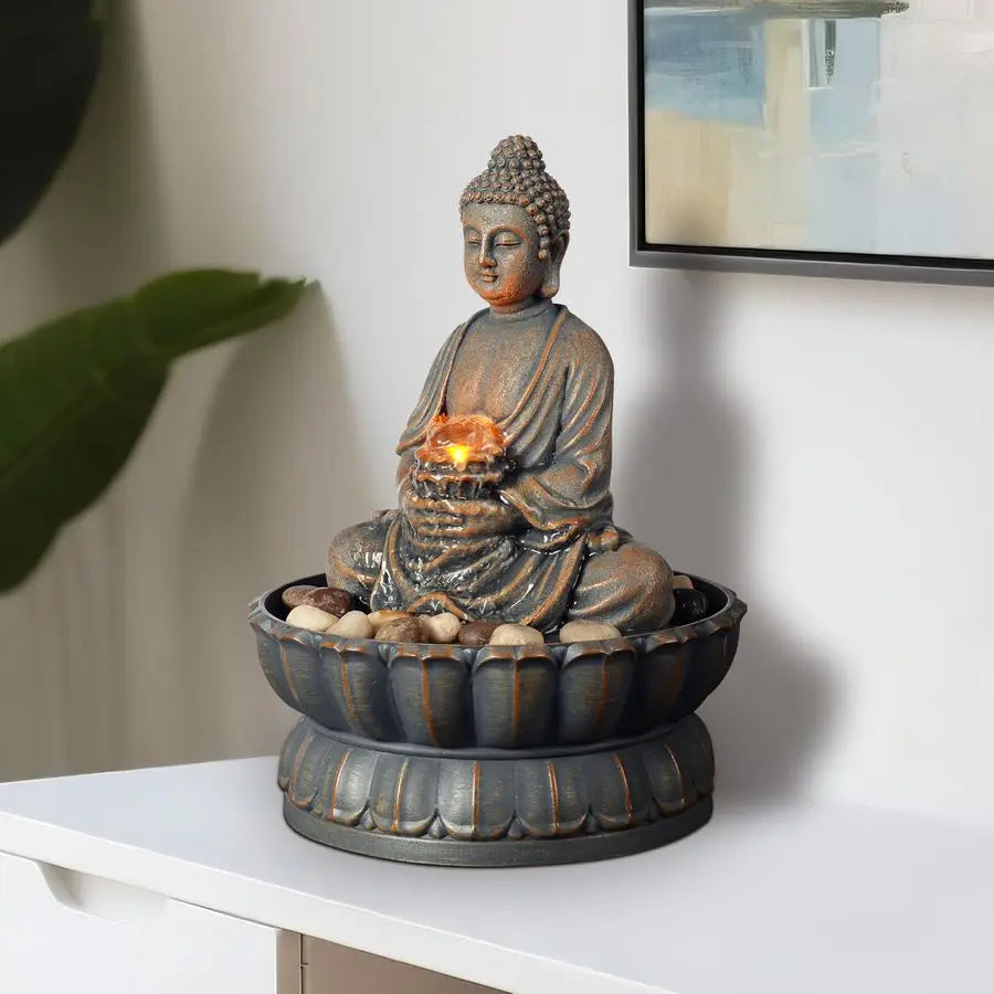 Home Decor 9.6 Tabletop Fountain Exquisite Smile Sitting Buddha Fountains Desk Water Fountain Decorative Zen Fountain w Reflecti