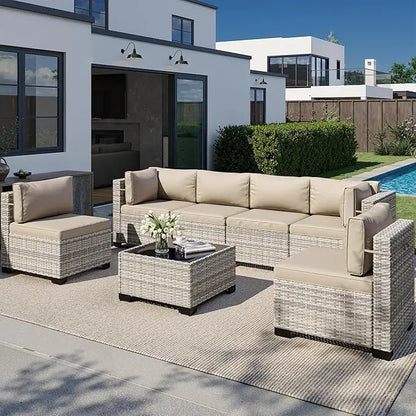 8-Piece Outdoor Patio Furniture Set with 55,000 BTU Fire Pit Table, PE Wicker Rattan Sectional Sofa Conversation Set