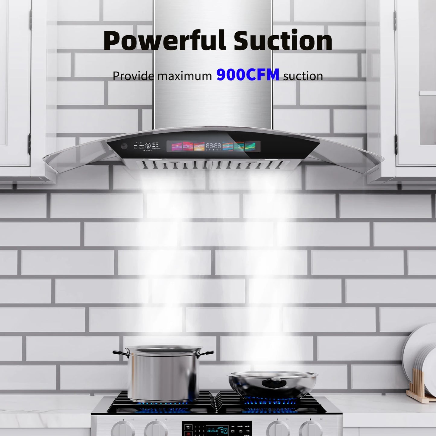 30/36 inch Wall Mount Range Hood Tempered Glass 900 CFM, Voice/Gesture/Touch Control, Stainless Steel Kitchen Hood Vent