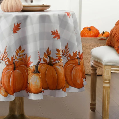 Fall Tablecloth 70x70 Inch Round Thanksgiving Autumn Harvest Pumpkin Buffalo Plaid Decoration Table Cloth Stain Resistant