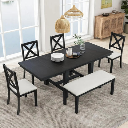 6 Pieces Dining Table Set with Bench, Rectangle Dining Table with 4 Upholstered Chairs & a Bench, Wood Kitchen Table Chairs Set