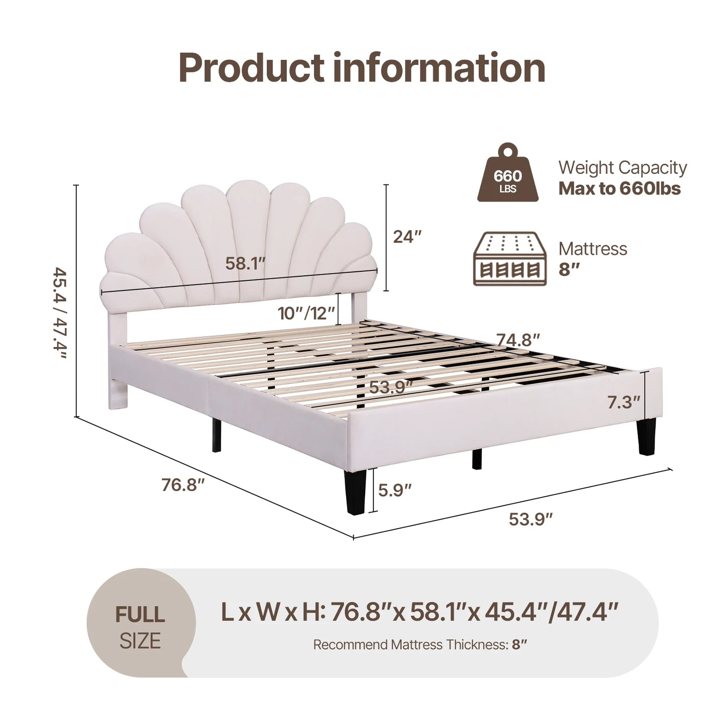 Bed Frame/Velvet Upholstered Platform Bed Frame with Flower Pattern Headboard/Strong Wood Slats Support/Mattress Foundation/No B