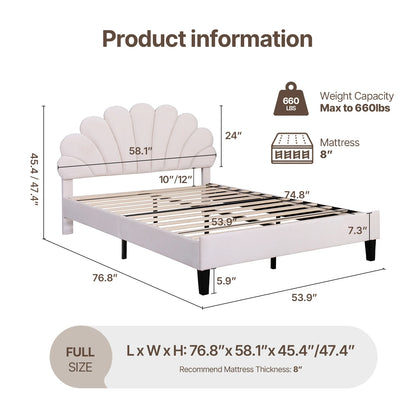 Bed Frame/Velvet Upholstered Platform Bed Frame with Flower Pattern Headboard/Strong Wood Slats Support/Mattress Foundation/No B