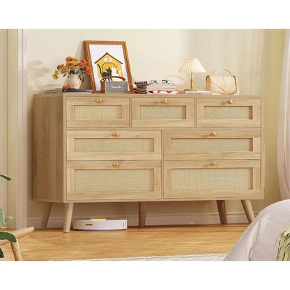 47.2''Wide 7 Der Rattan Drer, Wood Drers TV Stand, Boho Drers & Chests o Ders or Bedroom, Entryway, Natural