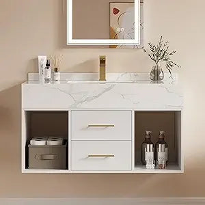 Floating Bathroom Vanity with Sintered Stone Vessel Sink 2 Drawers (Walnut with Doors, 39.4'')