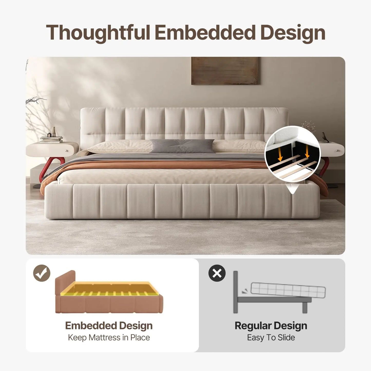 Queen Size Modern Cloud Platform Bed with 38.5-inch High Extra-Thick Soft Headboard, Includes Footboard, Block Design, Cream Uph