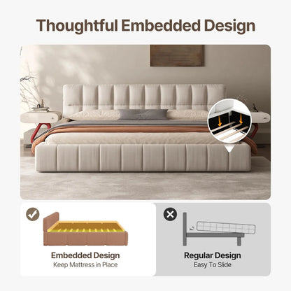 Queen Size Modern Cloud Platform Bed with 38.5-inch High Extra-Thick Soft Headboard, Includes Footboard, Block Design, Cream Uph
