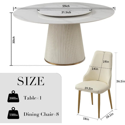 Round Dining Table Set with Removable Lazy Susan, Luxury 59" D Marble Dining Table Set of 8, Modern Sintered Stone Dining Table