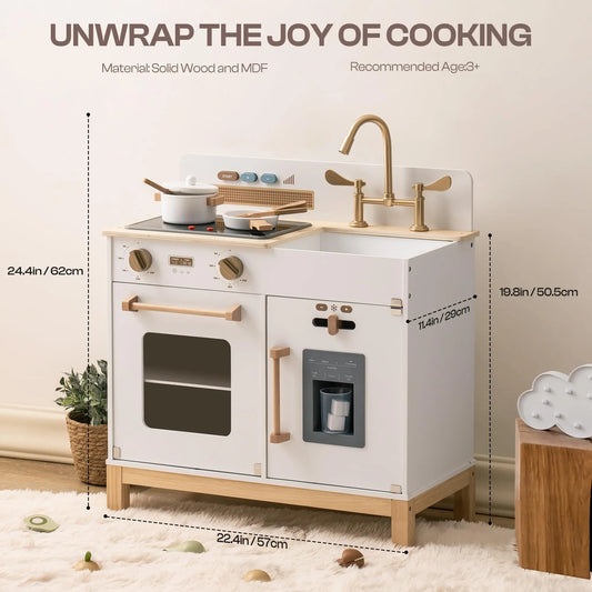 Wooden Play Kitchen with Real Lights Sounds Ice Cube Dispenser Gift For Toddlers Kids Ages 3+  White