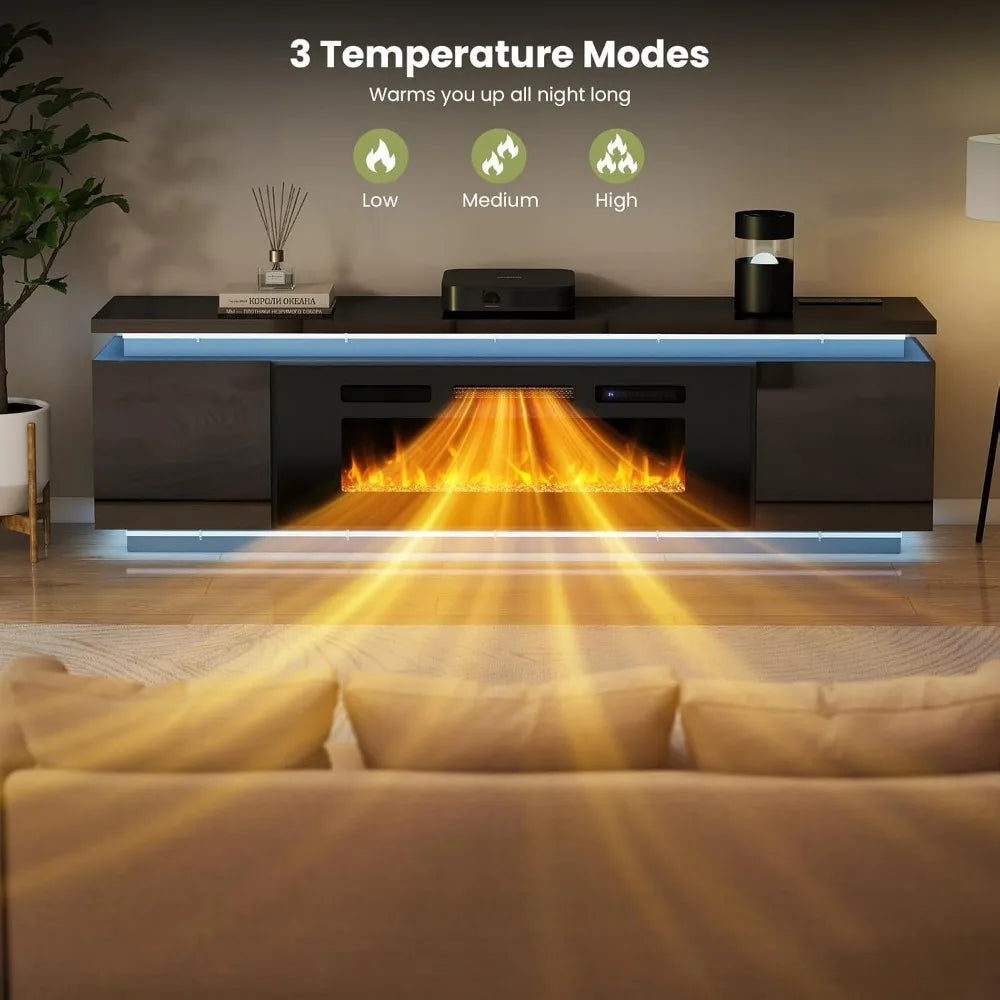 Fireplace TV-Stand for 85 inch TVs - TV-Stand with 40" Fireplace - Entertainment Center with 2 RGB LED Lights and 4 AC Power