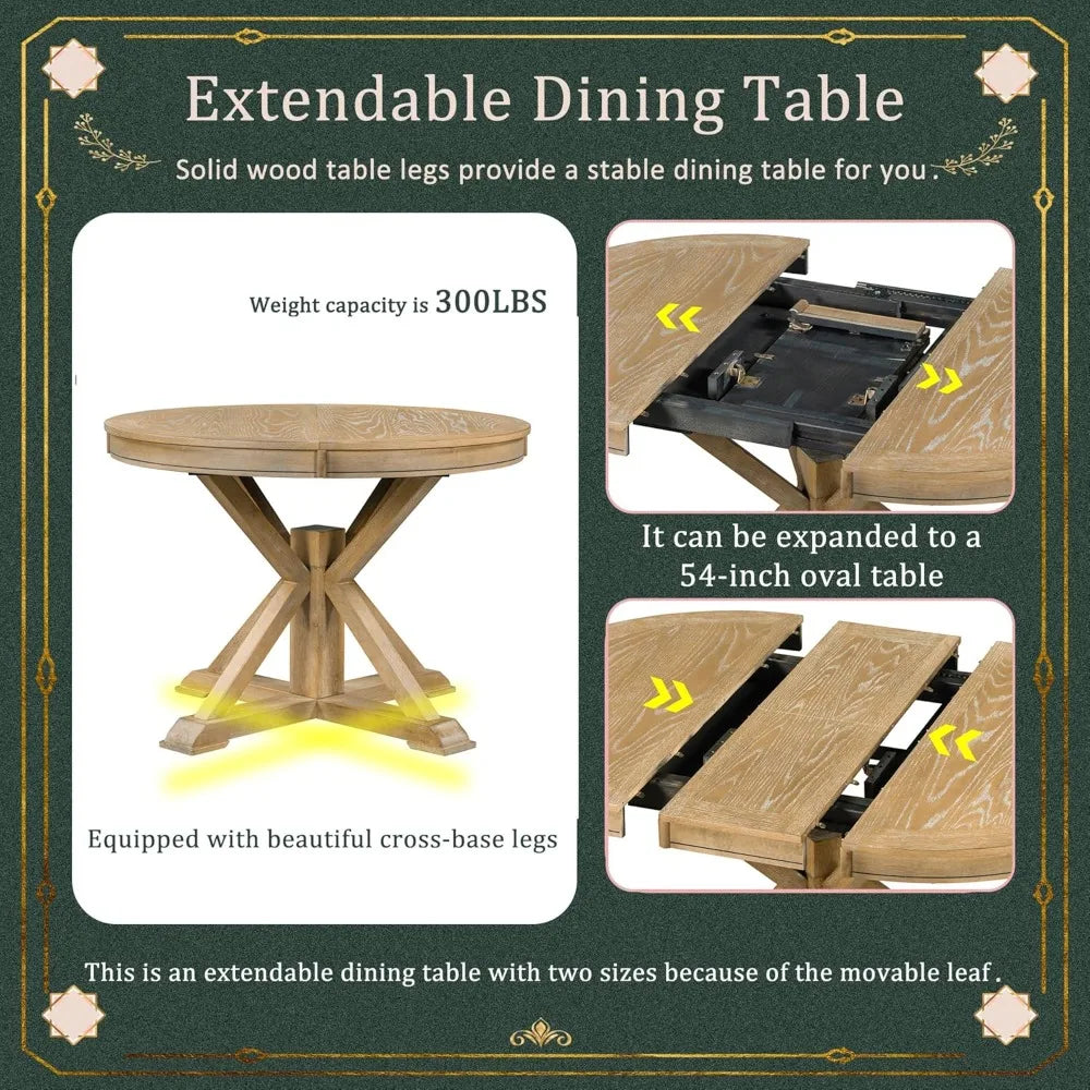 retro 4-person extendable dining table set, 5-piece dinette set with upholstered chairs and cross base, kitchen dining room bar
