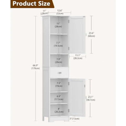 Tall Bathroom Storage Cabinet with 2 Doors 67" H Narrow Floor Cabinet with Adjustable Shelves and Drawer Anti-Tip Design 11.8 x