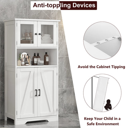 Free Standing Kitchen Pantry Cupboard with 4 Doors and Open Space 128cm Bathroom Tall Cabinet with Tempered Glass Doors