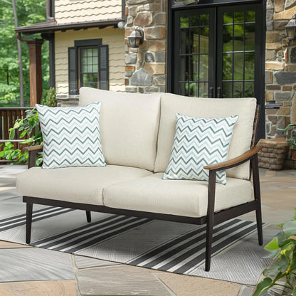 Patio Loveseat Sofa Furniture Metal Chair with Wicker Backrest & 6 Inches Cushion for Indoor, 51.77"(L) x 29.75"(W) x 33.86"(H).