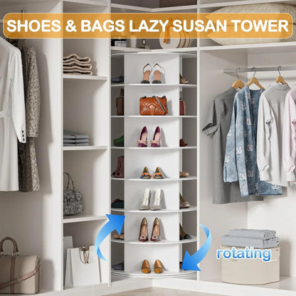 7-Tier Rotating Shoe Rack Tower, 360° Spinning Organizer for Shoes & Bags, White Storage Carousel