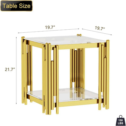 Modern Stainless Steel Leg Square Clear Tempered Glass End Table for Living Room and Sofa Side