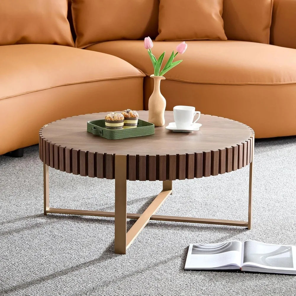 31.5'' Round Coffee Table for Living Room, Solid Wood Handcraft Drum Coffee Table, Wooden Felief Coffee Table, Stainless Steel
