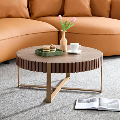 31.5'' Round Coffee Table for Living Room, Solid Wood Handcraft Drum Coffee Table, Wooden Felief Coffee Table, Stainless Steel