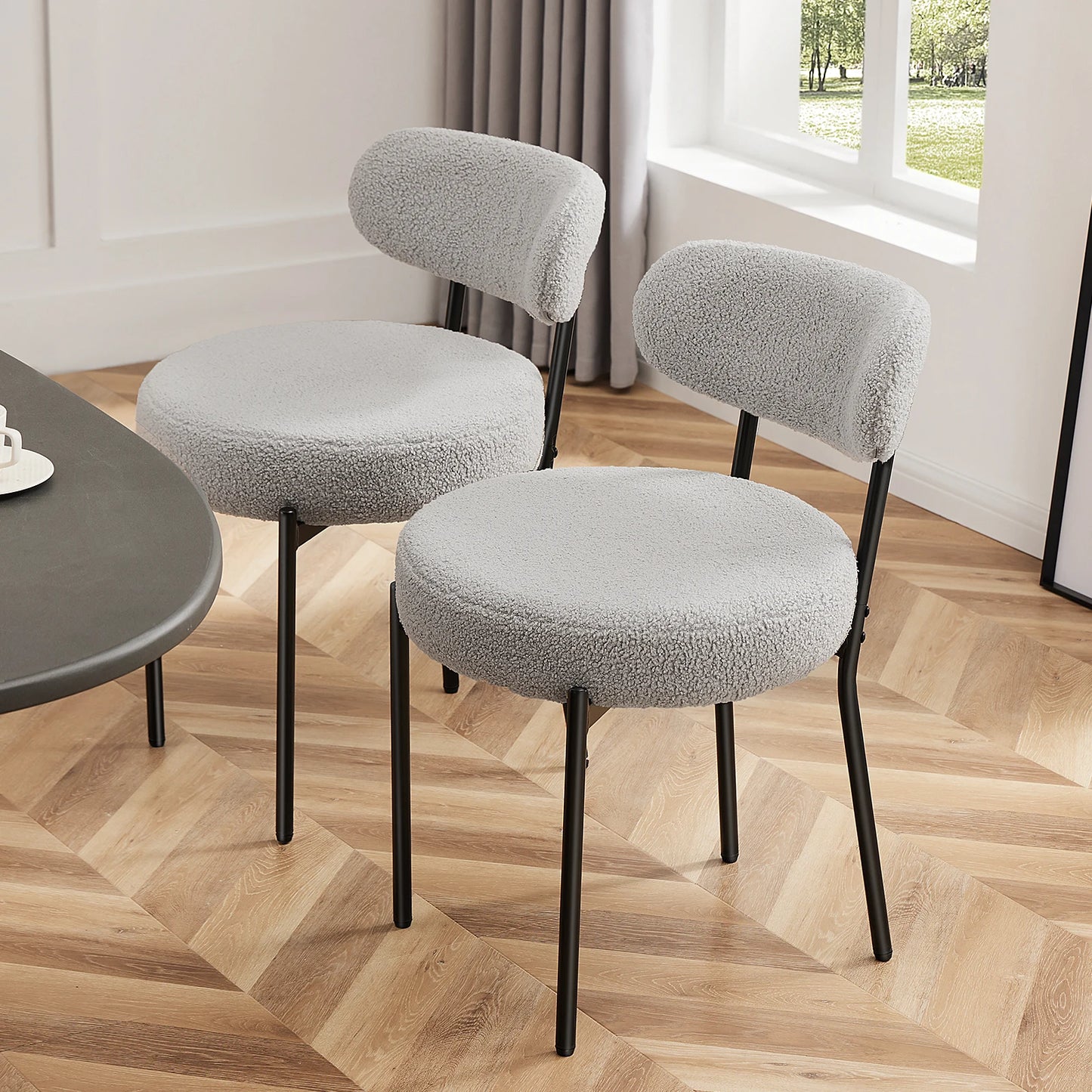 Ergonomic Round Dining Chairs Set of 2 Plush Fabric Kitchen Chairs with Curved Backrest Metal Legs For Living Room