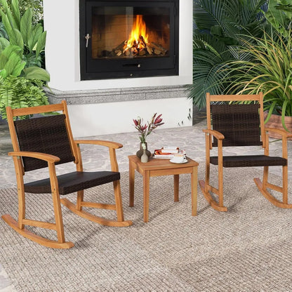Patio Rocking Chair Set ,3 pieces Patiojoy Acacia Wood Rocker with Side Table, Outdoor Chairs with Wicker Rattan Seat & Backres